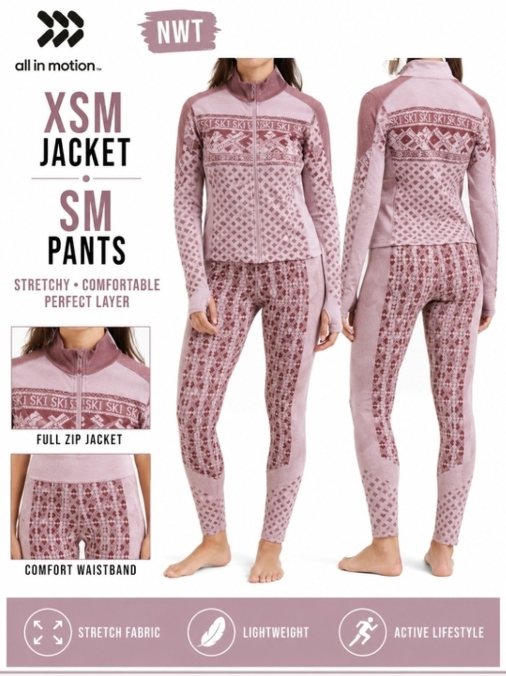 all in motion Pink Patterned Seamless Base Layer Leggings Size XS Set
